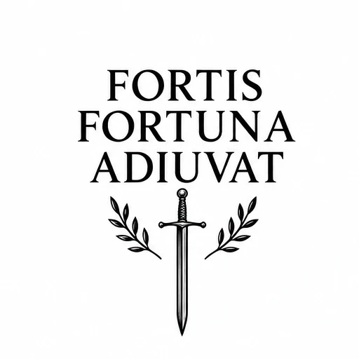 Black tattoo design of Latin phrase with sword and laurel branches