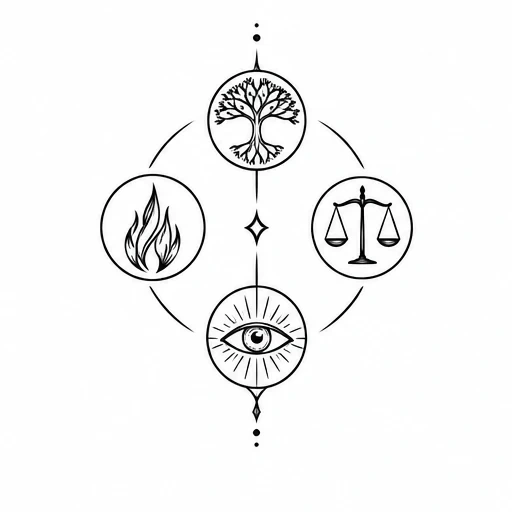 Black line tattoo design with an eye, tree, fire flame, and scales in circle arrangement