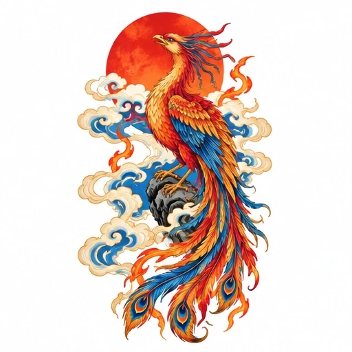 Colorful Japanese phoenix with red sun, clouds, and flames tattoo design