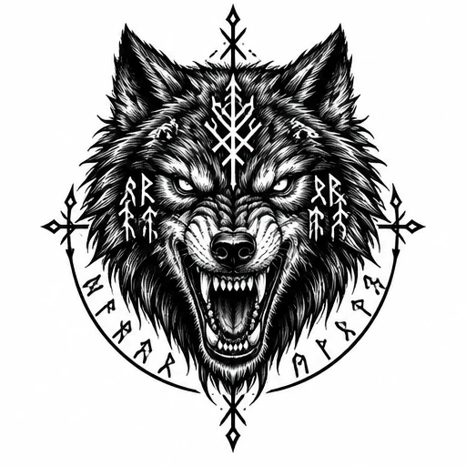 Black ink tattoo of a snarling wolf head with Norse runes and compass symbols