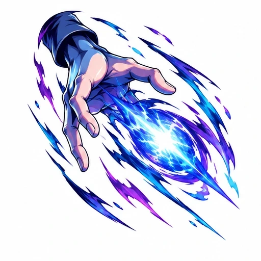 Anime-style hand with blue and purple electric energy swirling around it
