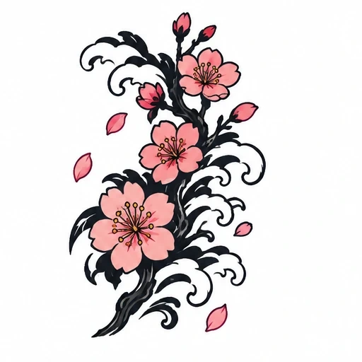 Japanese tattoo design of pink sakura flowers with black swirling waves and scattered petals