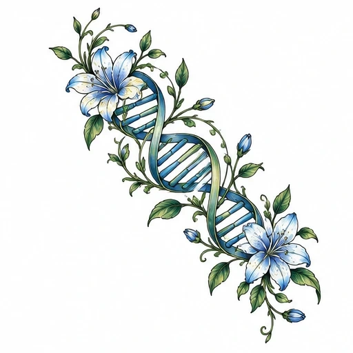 Blue lily flowers and green vines entwined around a blue DNA double helix tattoo design