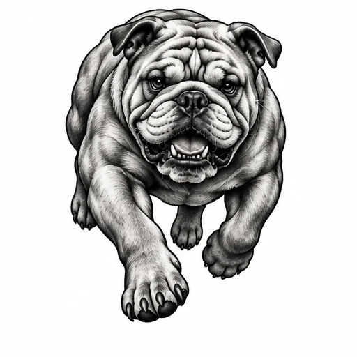 Black and grey detailed illustration of a bulldog running towards the viewer on a white background.