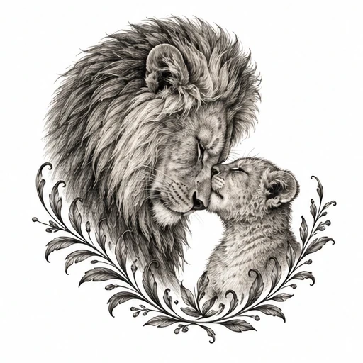 Black and white detailed drawing of a lion and cub touching noses, surrounded by ornate swirling leaf designs.