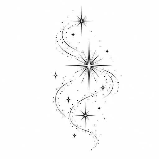 Black sparkle stars arranged vertically with dotted, curved trails