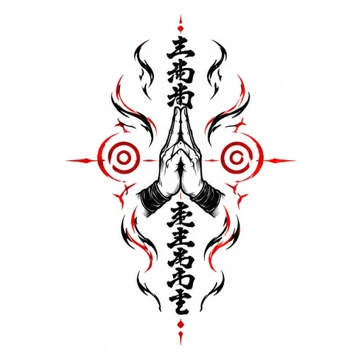 Tattoo design of praying hands with black kanji symbols and red circular seal symbols with flame-like accents.