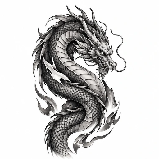Black and gray Asian dragon tattoo design with scales, mane, and flames.