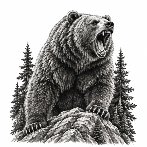 Black and gray tattoo design of a roaring grizzly bear on rocks with pine trees in background