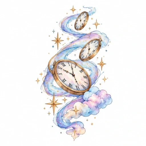 Three floating vintage clocks surrounded by pastel clouds and golden stars in a swirling cosmic pattern