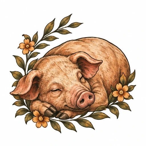 Illustration of a sleeping pig curled up surrounded by green leaves and yellow flowers.