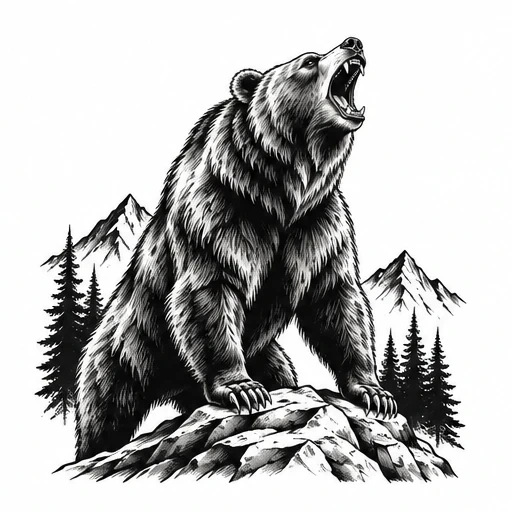 Black and white tattoo illustration of roaring grizzly bear on rocky mountain with pine trees and mountain peaks in background.