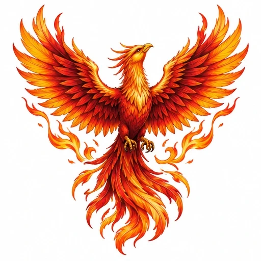 Colorful phoenix with fiery wings spread wide and flaming tail feathers