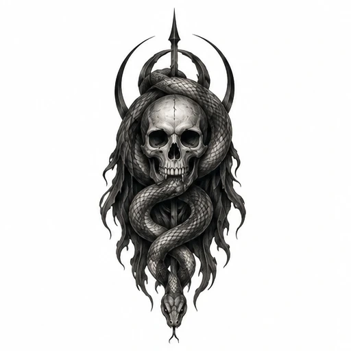 Skull wrapped with coiled snake, framed by crescent blades and central spike, dark monochrome tattoo design
