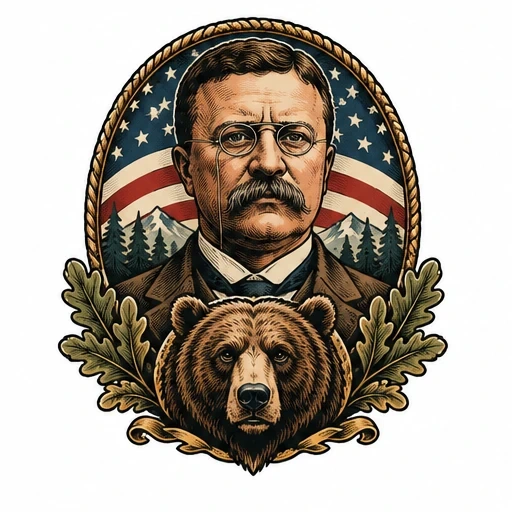 Tattoo design of Teddy Roosevelt with an American flag, mountains, pine trees, a bear head, and oak leaves framing the portrait