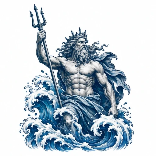 Illustration of Poseidon with a trident emerging from stylized ocean waves in blue and gray shades