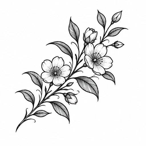 Black linework tattoo of a flowering branch with detailed leaves and blossoms