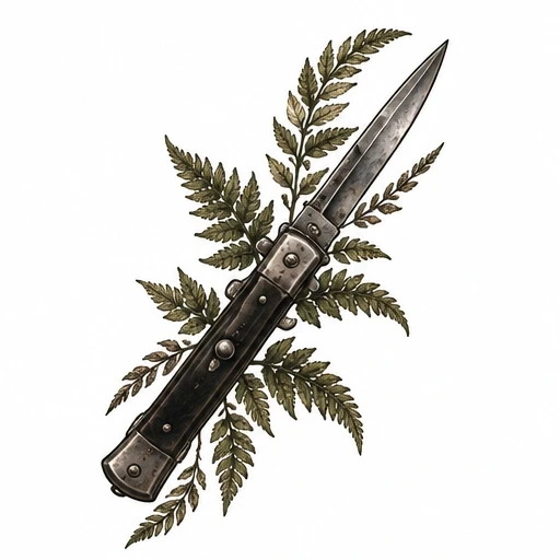 Tattoo design of a stiletto knife over fern leaves
