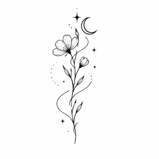 Fine line tattoo of a vertical floral vine with flowers, crescent moon, and stars