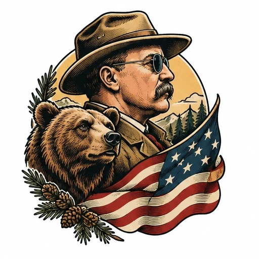 Teddy Roosevelt profile in hat and glasses with bear, pine cones, and waving American flag