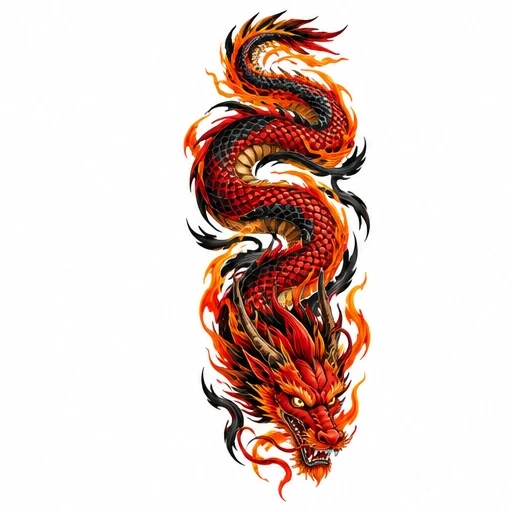 Vibrant red dragon tattoo with black and orange flames wrapping around its body.