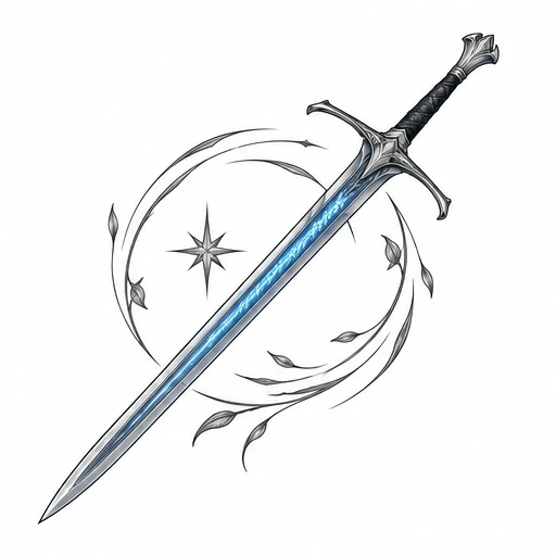 Narsil sword tattoo design with blue glowing inscription and swirling leafy vines.