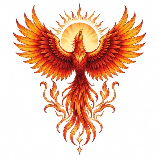 Colorful phoenix spreading wide flaming wings under a radiant sun halo with flowing tail flames