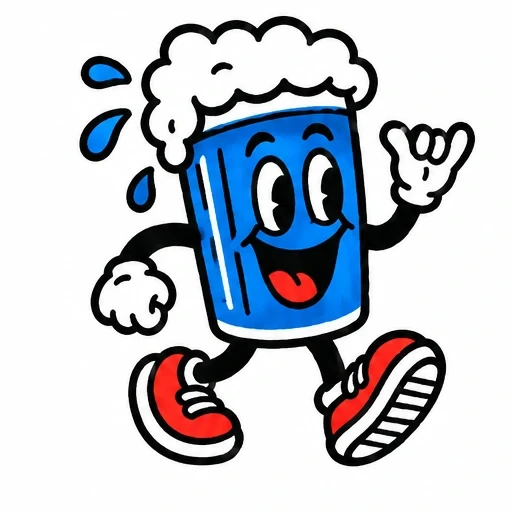 Cartoon blue beer can with froth, running with red sneakers and gloved hands making a playful gesture.