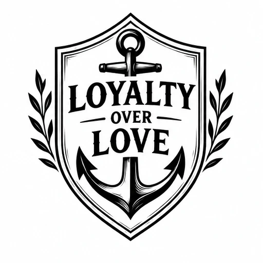 Black ink tattoo design of an anchor within a shield, flanked by symmetrical leafy branches, with the phrase 'LOYALTY OVER LOVE' in bold serif letters.