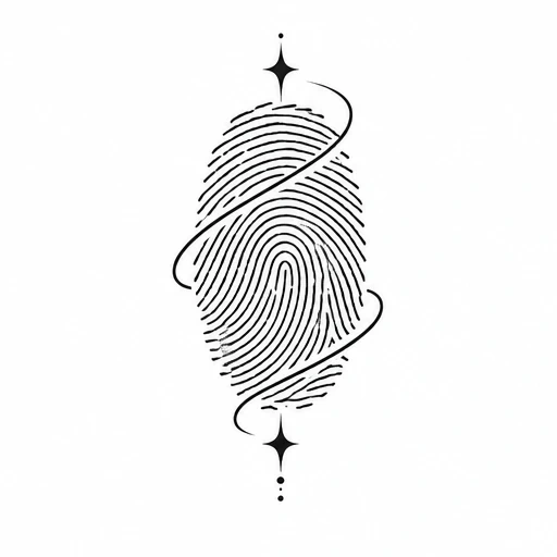 Minimalist fingerprint tattoo with spiral line and stars