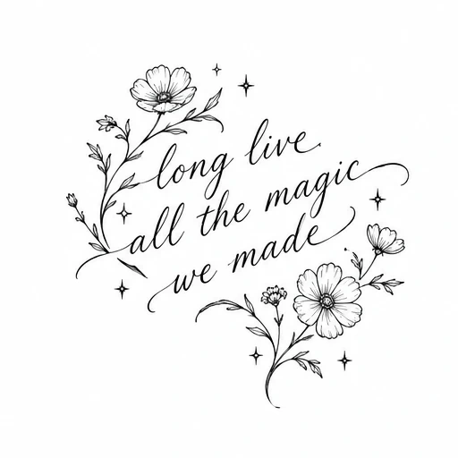 Floral tattoo design with cursive script and small star accents
