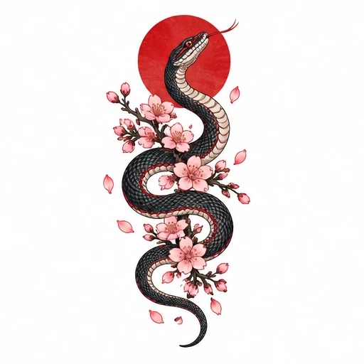 Black coiled snake with cherry blossoms and red sun circle