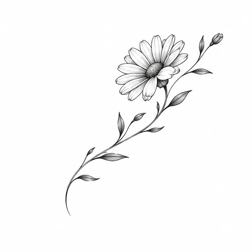 Black and grey tattoo design of a single daisy flower on a curved stem with leaves and a blooming bud