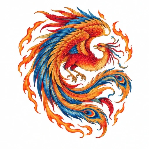Colorful Japanese phoenix tattoo with orange flames and blue feathers in a circular pose