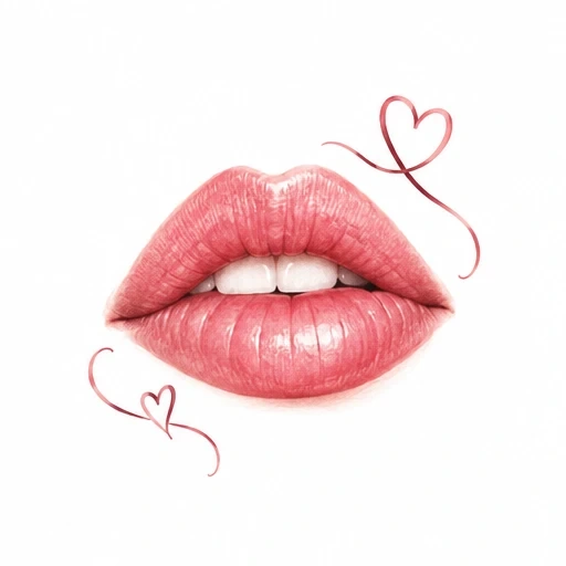 Realistic pink lips tattoo with small fine-line hearts on a white background