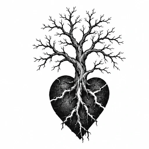 Black ink tattoo design of a leafless tree growing through a cracked black heart