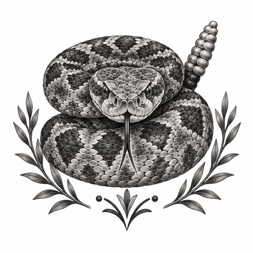 Black and gray illustration of a coiled rattlesnake with a forked tongue and symmetrical leaves below