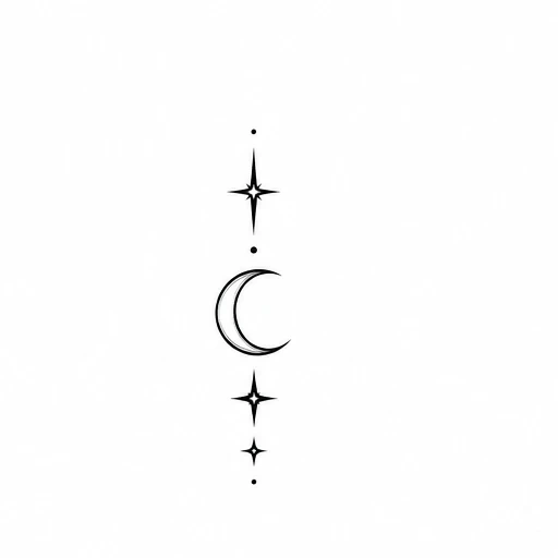 Minimalist tattoo of a crescent moon with four stars and three dots in a vertical line in black ink.
