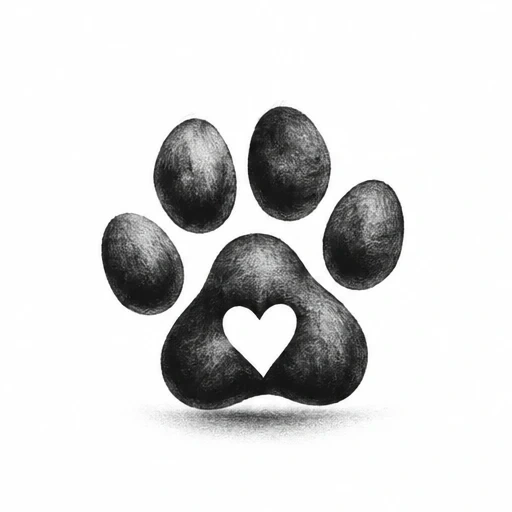 Black shaded paw print with heart-shaped cutout in center pad
