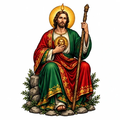 Detailed color illustration of Saint Jude Thaddeus sitting on rocks, holding a staff and medallion, dressed in red and green robes with gold trim and a golden halo