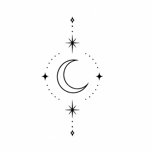 Black crescent moon tattoo with stars and dotted lines in a diamond shape