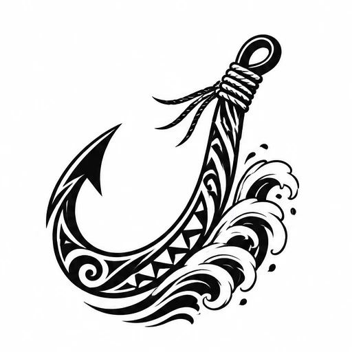Black fish hook tattoo with tribal patterns and waves illustration