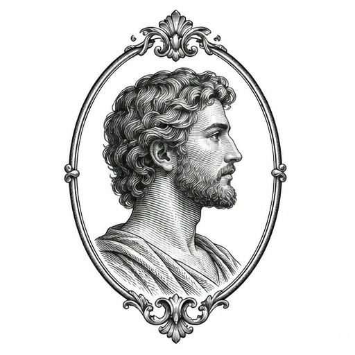 Black and white tattoo design of a classical male profile portrait within an ornate oval frame