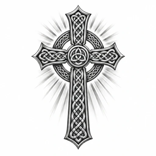 Intricate Celtic cross tattoo design with detailed knotwork and radiant halo in grayscale shading.