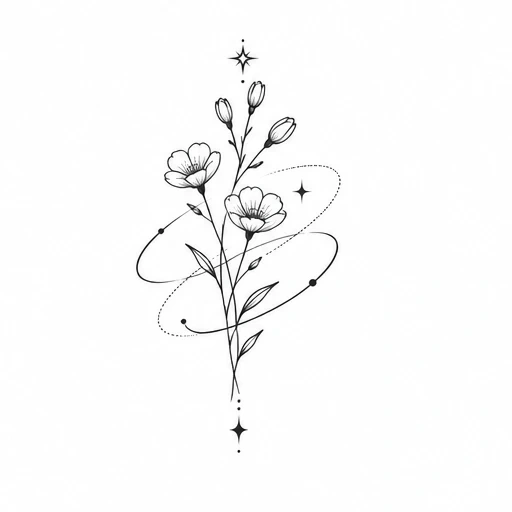 Fine line tattoo design of blooming flowers and buds with leaves, encircled by orbit-like lines and small stars