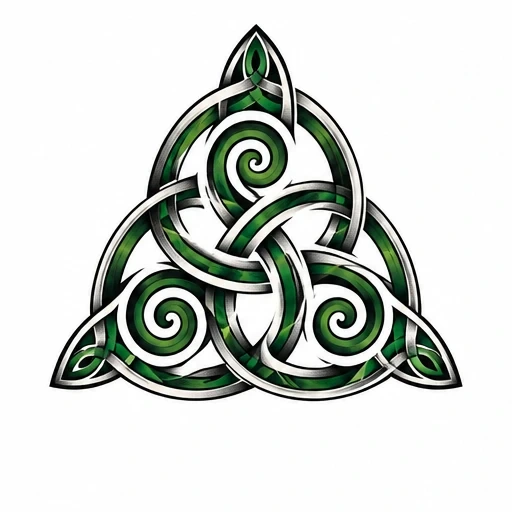 Intricate Celtic triquetra knot tattoo with black outlines and green shaded inlay