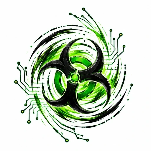 Biohazard symbol with green swirling background and circuit board lines