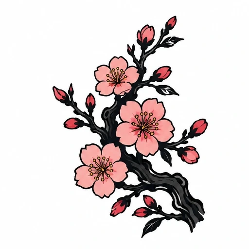 Japanese tattoo design of a cherry blossom branch with pink flowers and buds on a black branch