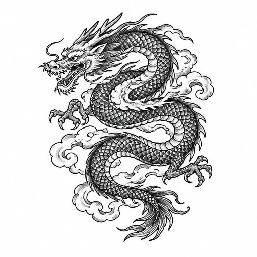 Black and white traditional Japanese style dragon tattoo design with clouds.