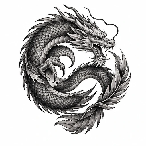 Black and grey tattoo design of a coiled dragon with detailed scales, claws, and feathered tail in a circular form